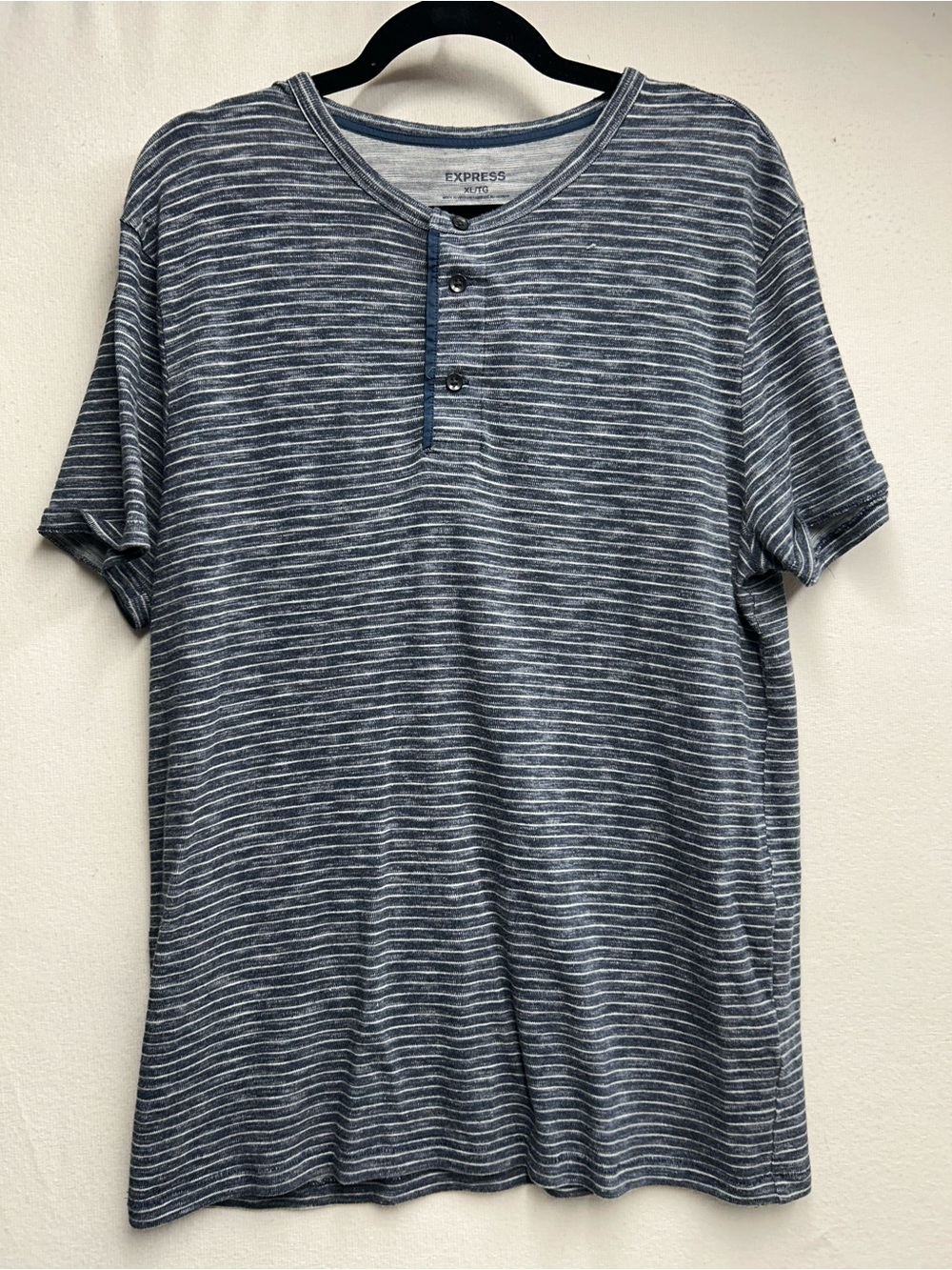 Express Men’s Navy and White Striped Short-Sleeve Henley